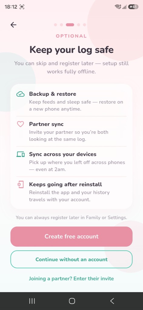 Account screen showing sync and backup benefits