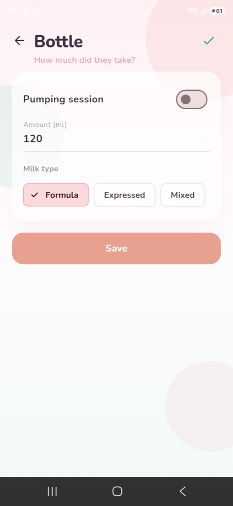 Bottle feed logging screen with amount and milk type