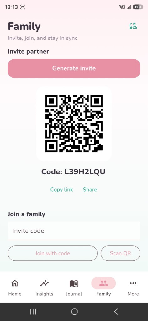 Family screen with partner invite QR and code