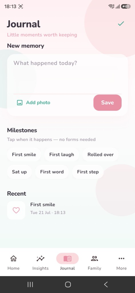 Journal screen with memories and milestones
